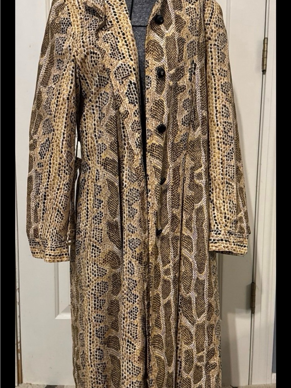 Vintage Snake-Print Long Women's Coat in Brown